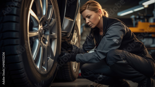 Female car mechanic working in garage and changing wheel alloy tire. Repair or maintenance auto service.