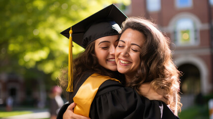 Happy smiling graduate hugs his parent after the graduation ceremony.