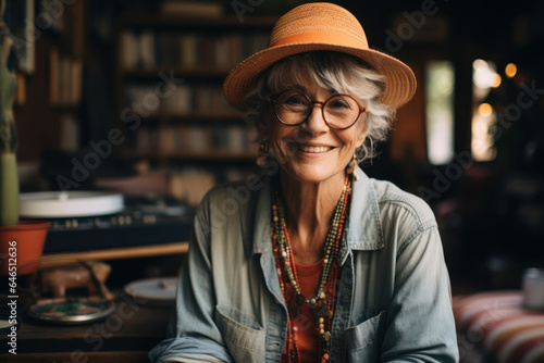 Portrait of a senior hipster woman in her late 60s, sitting comfortably in her cozy, retro-inspired living room filled with mid-century modern furniture and vintage decor. Generative AI