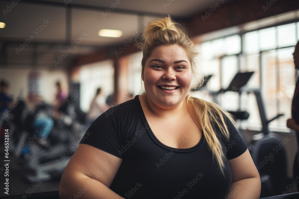 Portrait of a plus size smiling woman in sportswear in the gym. Fitness. body positive and sport as lifestyle.