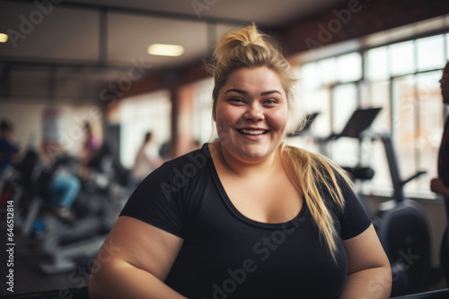 Portrait of a plus size smiling woman in sportswear in the gym. Fitness. body positive and sport as lifestyle.