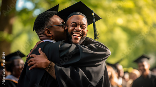 Happy smiling graduate hugs his parent after the graduation ceremony.