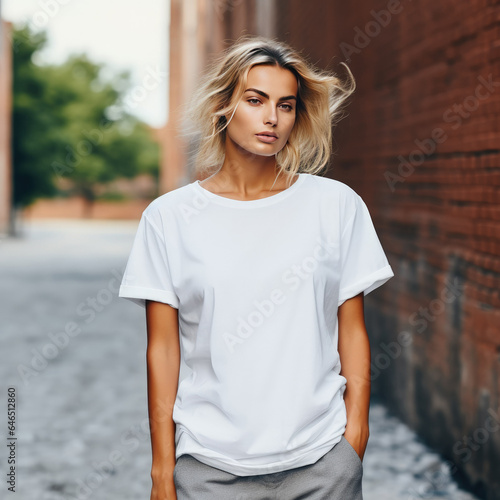 Young woman wearing blank white t-shirt. Model t-shirt mockup. T-shirt template