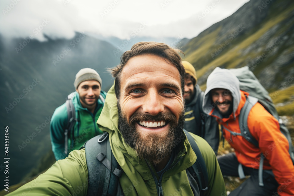 Happy young man hiking with a group of friends together on the mountain, having fun taking selfie