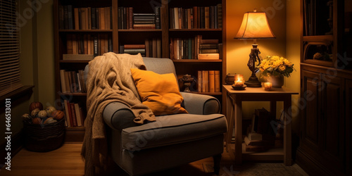 Cozy reading nook plush armchair, bookshelf filled with books of all genres, reading time, elegant interior design © AlexCaelus