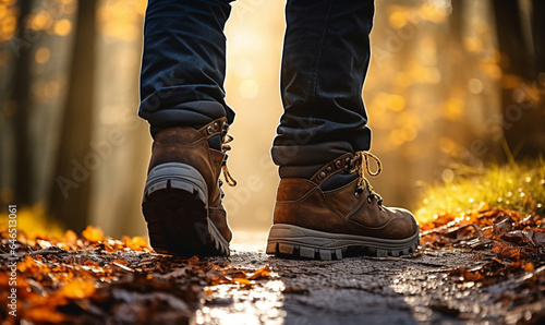 Close-up of male legs, man walking in autumn forest, Close-up of male legs, man walking in autumn forest, Fall Activities, Go on a nature hike, relax and recharge concept