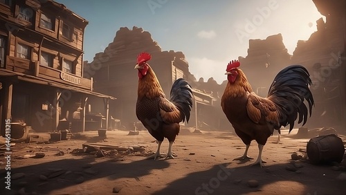 Two roosters in an old west desert rundown town at sunset, with black and brown feathers and yellow beaks
