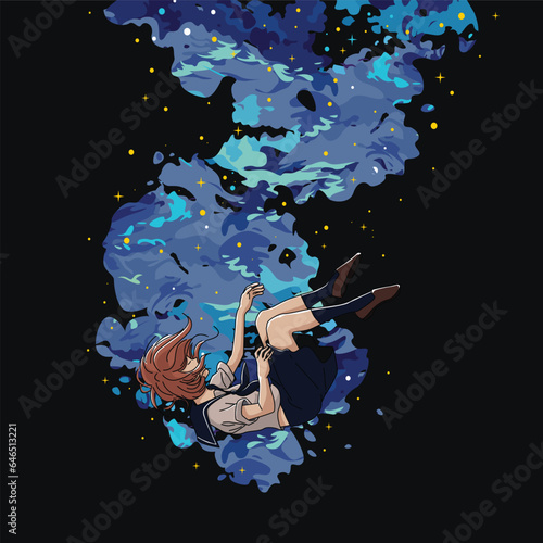 vector illustration of a school girl drowning at the bottom of the dark sea
