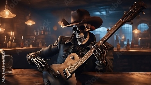 Photo Halloween skeleton guitarist playing in an old west saloon at night, wearing a c