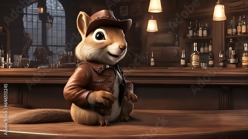 squirrel on a table in an old west saloon, wearing a cowboy hat and leather jacket