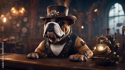 steampunk English bulldog, sitting in an old west saloon waiting to order his drink