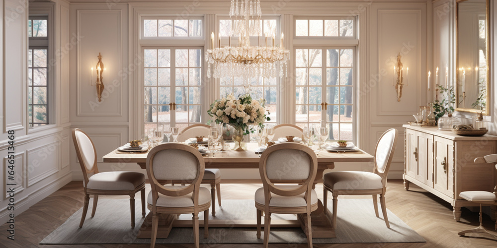 Luxurious furnished dining room, glamour dining area, elegant interior design