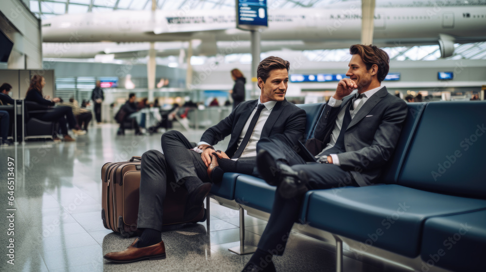 Two friends waiting for their plane in the waiting area in the airport Two friends waiting for their plane in the waiting area in the airport
