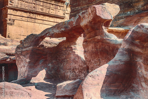Close-up view of the sandstone rocks during the day in the Siq Gorge, Petra, Jordan