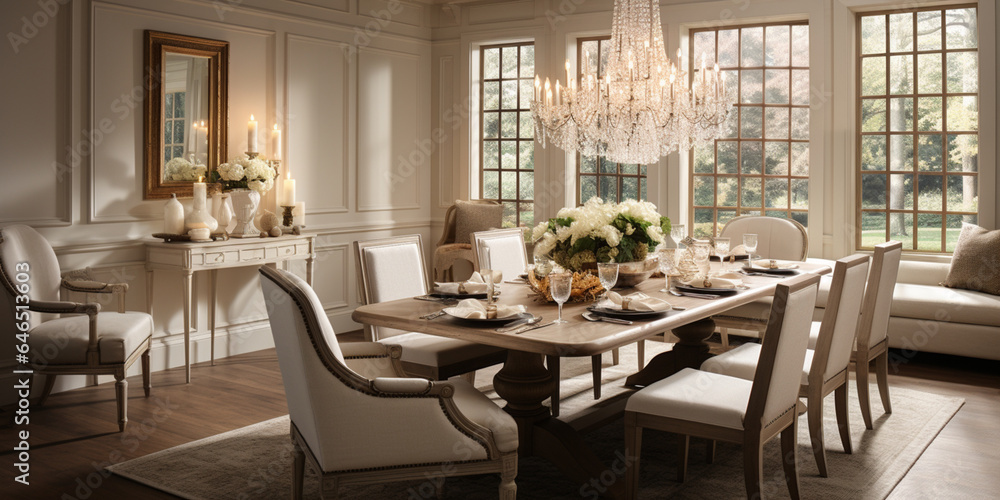 Obraz premium Luxurious furnished dining room, glamour dining area, elegant interior design