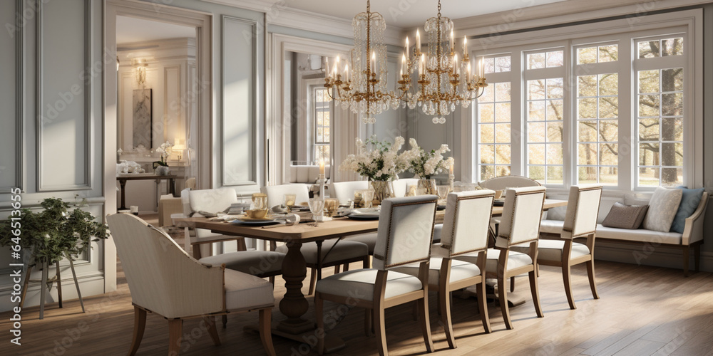 Luxurious furnished dining room, glamour dining area, elegant interior design