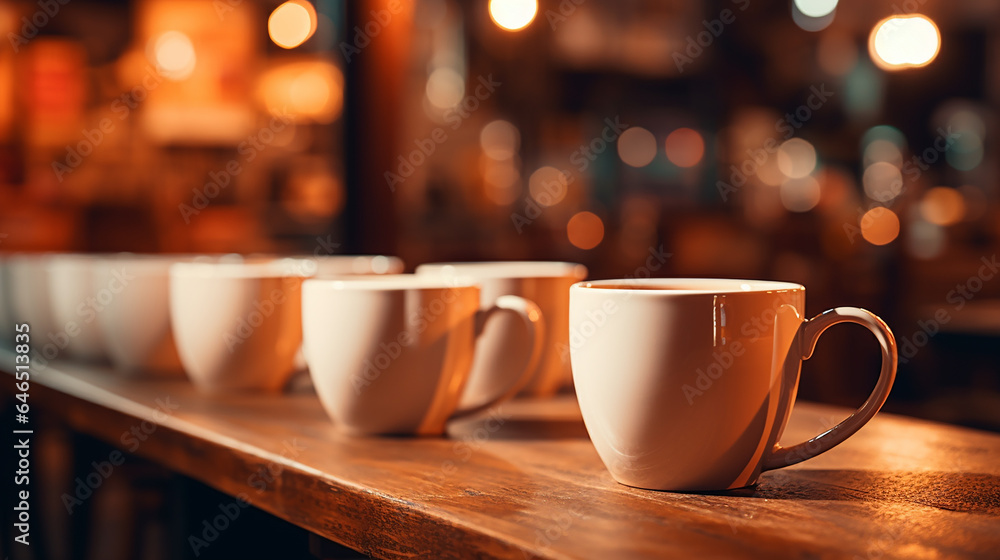 A set of coffee cups on a wooden table A set of coffee cups on a wooden table