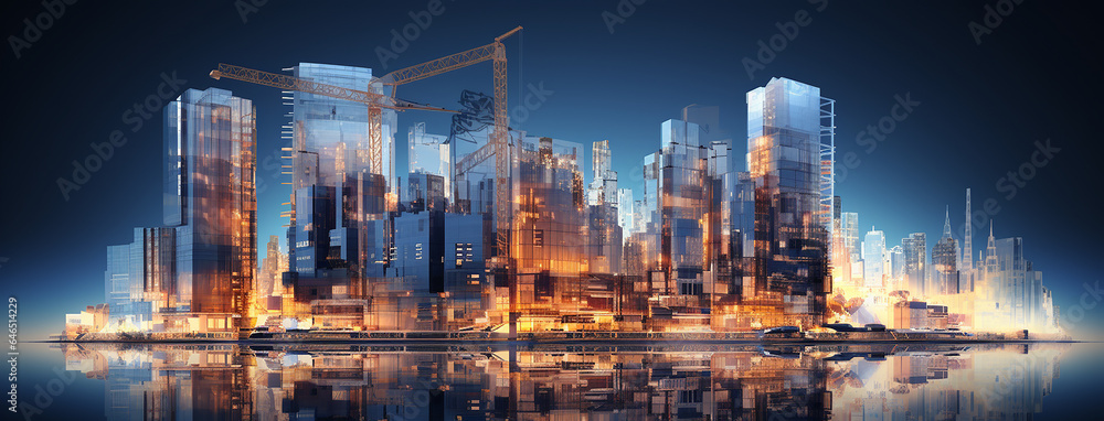 Panoramic urban architecture, cityscape with space and neon light effects. Modern hi-tech, science, futuristic technology concept. Abstract digital high-tech city design for banner background