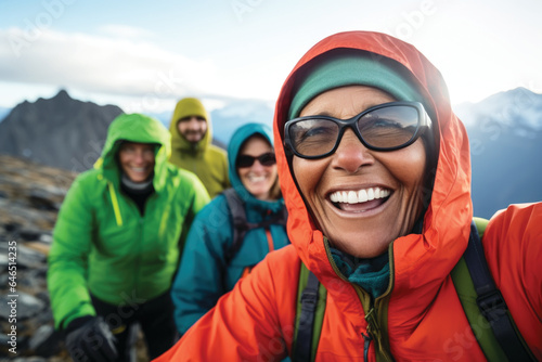 Senior women hiking with friends on the mountain, having fun together, taking selfie photo