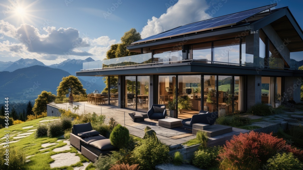Modern house against the stunning backdrop of a mountainous countryside vista. Generative AI
