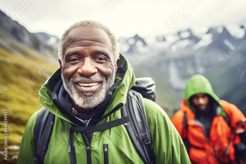 Happy mature african american man hiking with a group of friends together on the mountain