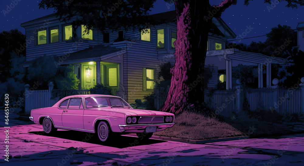 Obraz premium A pink classic car with a long hood parked in front of a two-story house at night. The scene is set at night with a purple sky and stars. Nostalgic 80-90s mood.