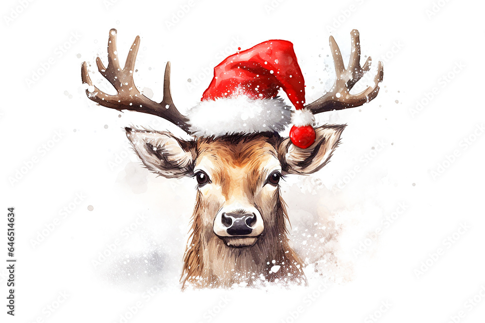 Picture of colored drawing of christmas reindeer wearing santa hat. Concept Christmas card.Close up.Copy space.Generative AI Picture of colored drawing of christmas reindeer wearing santa hat. Concept Christmas card.Close up.Copy space.Generative AI