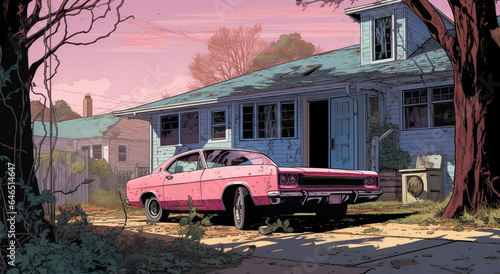 A pink and old vintage car parked in front of a single-story dilapidated, abandoned house. The background is a suburban neighborhood with trees and power lines. Comic book style illustration. 