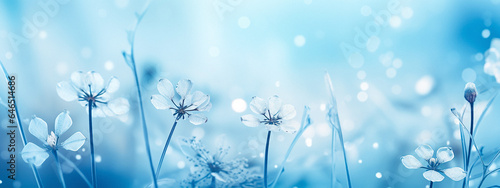 Panoramic view of surreal frozen white flowers with blue stems and leaves. The background is a gradient of blue, with bokeh effect. Dreamy, wintry and serene mood. Plenty of copy space.