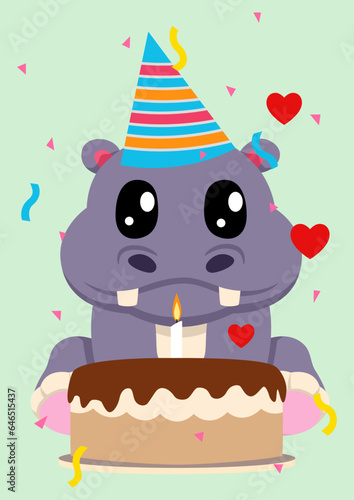 Celebrate birthdays with this delightful flat vector illustration featuring an adorable cartoon hippopotamus wearing a birthday hat and sitting in front to a birthday cake