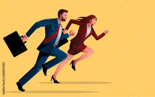 Competitive running race, a businesswoman and a businessman symbolise not only a pursuit of victory but also the broader themes of gender equality and emancipation in the professional sphere