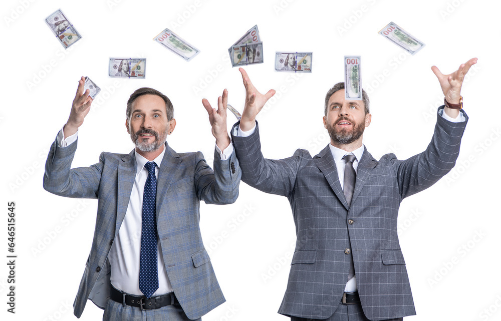 successful salary negotiation. two businessmen counting money. business success and profit. businessmen increase salary. successful business men hold money dollar isolated on white successful salary negotiation. two businessmen counting money. business success and profit. businessmen increase salary. successful business men hold money dollar isolated on white