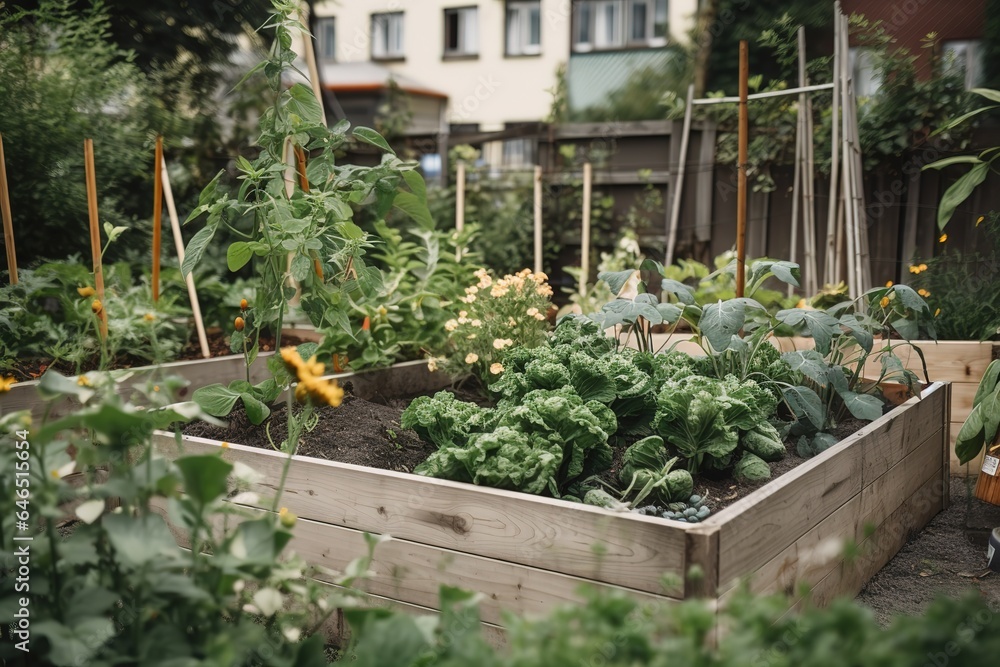 a roof or balcony full of vegetables and plants, in the middle of the city. Generative AI