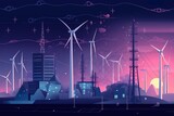 Vector illustration showing clean and polluting electricity generation production. Polluting fossil thermal coal and nuclear power plantssolar panels and wind turbines renewable energy. Generative AI