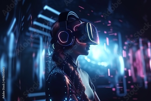 Immersive Virtual Reality: Man Exploring Digital Worlds with a Futuristic Background. Generative AI