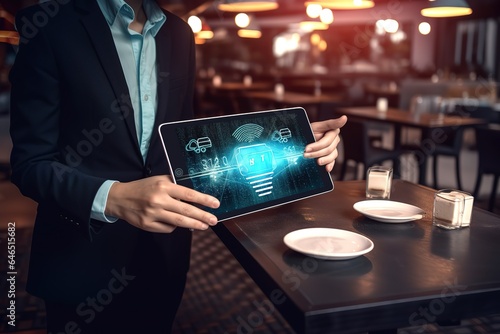 Waiter hand holding an empty digital tablet with Smart city with smart services and icons, internet of things, networks and augmented reality concept. Generative AI