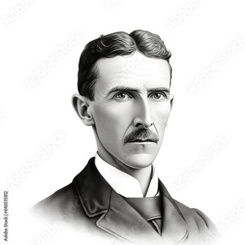 Black and white vintage engraving, headshot portrait of Nikola Tesla, serious looking expression, facing camera, white background, greyscale - Generative AI