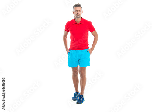 Athletic mature sport man standing. Sport man standing wearing gym sportswear. Handsome sport man after workout in studio. runner sport man isolated on white background