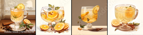 Set of grog and punch drink illustrations. Warm alcoholic autumn or winter cocktails made of rum, sugar and fruit juice, lemon and spices. White wine sangria. Traditional warming and festive drinks photo