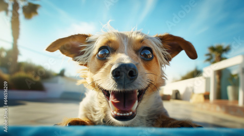 Funny dog on a street on the background of road and palms