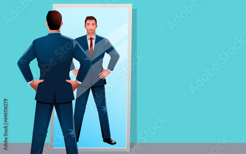 Well dressed businessman standing proudly with hands on hips in front of a mirror. Representation of self motivation, determination, strong business persona, professionalism, and leadership