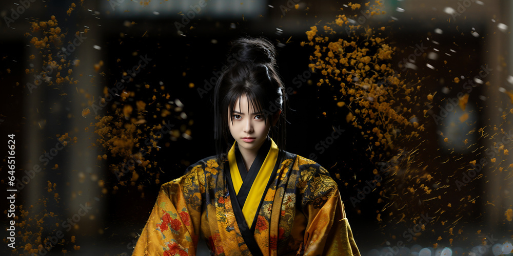 Hübsche Model Frau mit Asiatischen Kimono mit einzigartigen Hintergrund als Kulisse im Querformat für Banner, ai generativ
