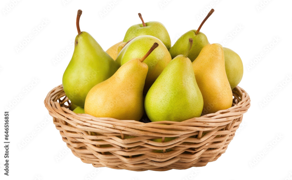 ripe orange pears in a wicker basket, png file of isolated cutout object on transparent background.