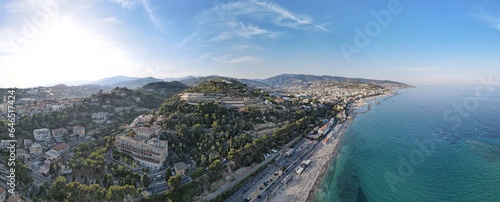 360 degrees aerial view of the seacoast and the beautiful city Taggia and Bussana in the Italy. Summer time. photo