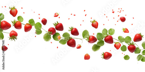 a scattering of ripe strawberries and leaves, png file of isolated cutout object on transparent background.