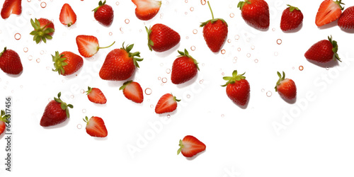 a scattering of ripe strawberries and leaves, png file of isolated cutout object on transparent background.