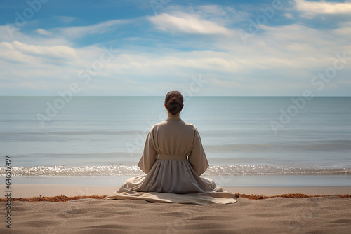woman doing meditation seen from the back on a beach