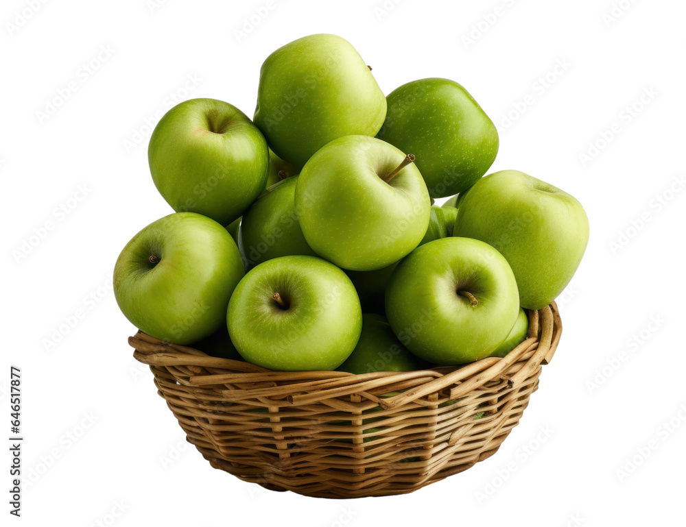 ripe green apples in a wicker basket, isolated object on transparent background. png file ripe green apples in a wicker basket, isolated object on transparent background. png file