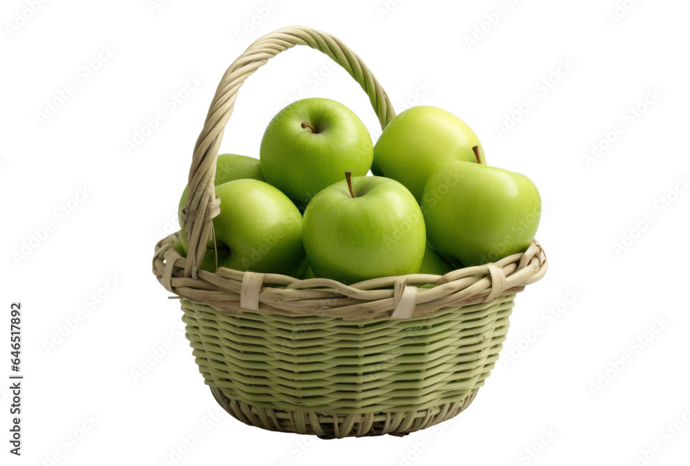 ripe green apples in a wicker basket, isolated object on transparent background. png file ripe green apples in a wicker basket, isolated object on transparent background. png file