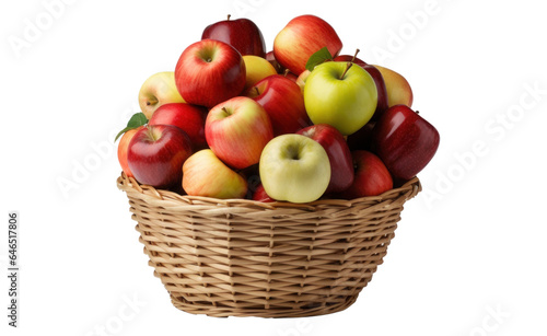 colorful ripe apples in a wicker basket, isolated object on transparent background. png file